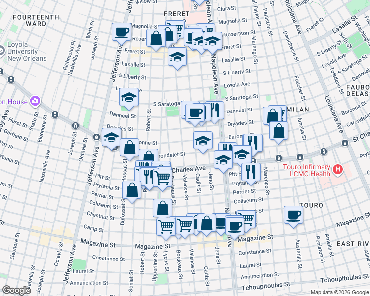 map of restaurants, bars, coffee shops, grocery stores, and more near 1728 Cadiz Street in New Orleans