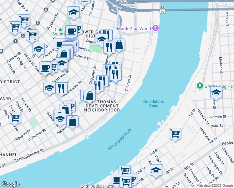 map of restaurants, bars, coffee shops, grocery stores, and more near 1746 Tchoupitoulas Street in New Orleans