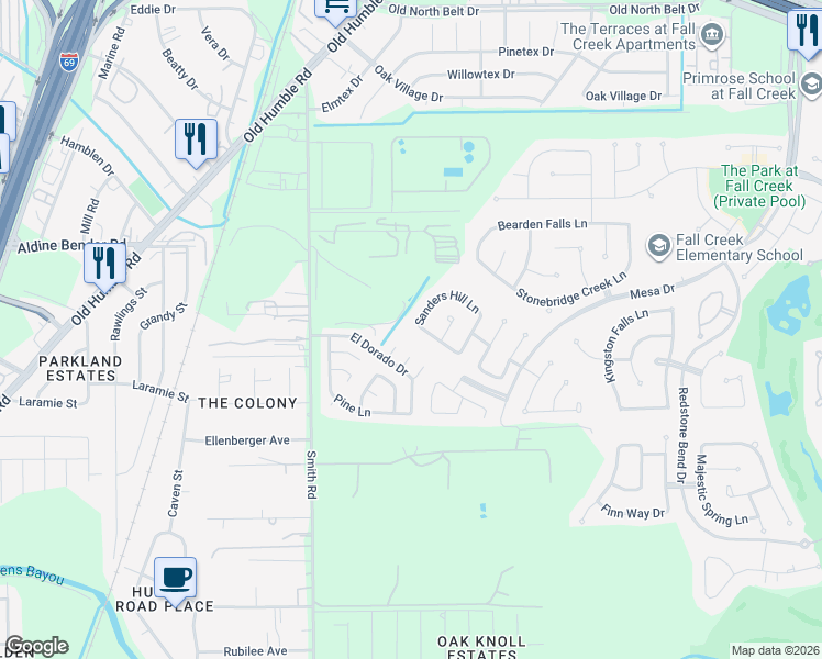 map of restaurants, bars, coffee shops, grocery stores, and more near 7007 Dewberry Shores Lane in Humble