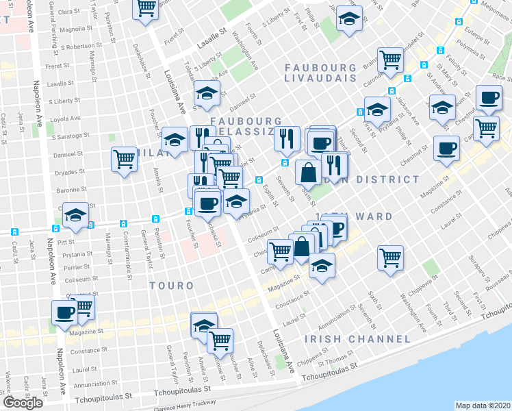 map of restaurants, bars, coffee shops, grocery stores, and more near 3125 Prytania Street in New Orleans