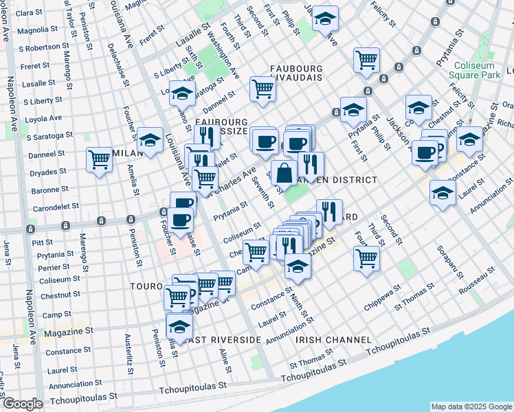 map of restaurants, bars, coffee shops, grocery stores, and more near 1434 Seventh Street in New Orleans