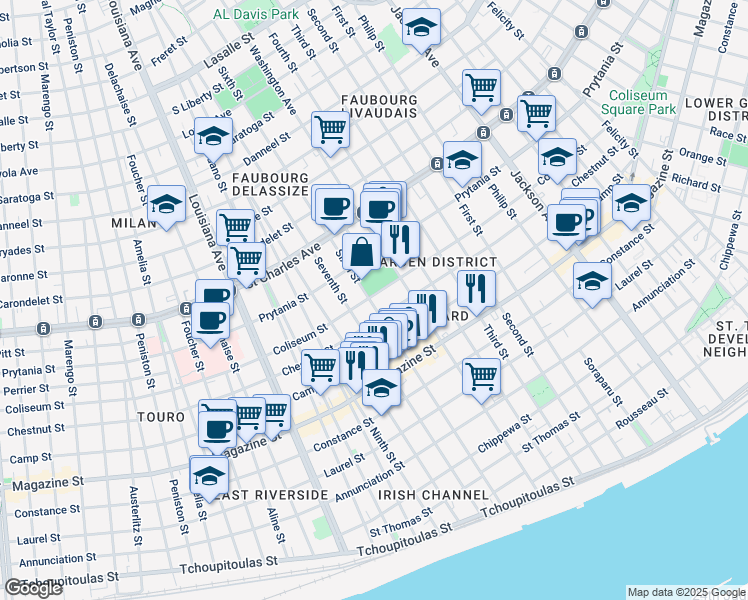 map of restaurants, bars, coffee shops, grocery stores, and more near 1331 Sixth Street in New Orleans