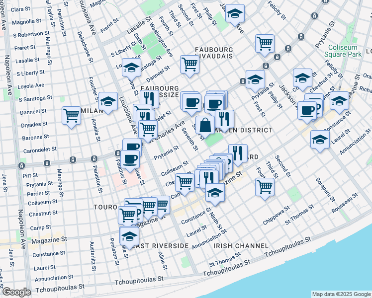 map of restaurants, bars, coffee shops, grocery stores, and more near 1434 Seventh Street in New Orleans