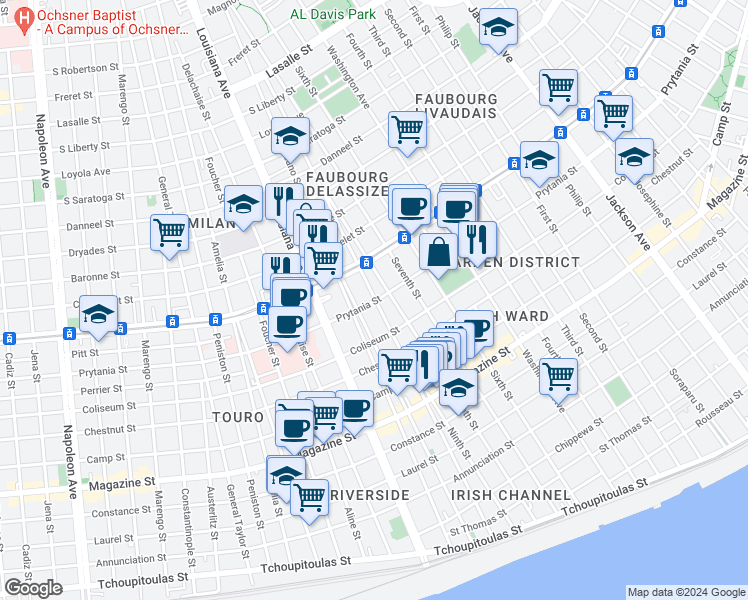map of restaurants, bars, coffee shops, grocery stores, and more near 3125 Prytania Street in New Orleans