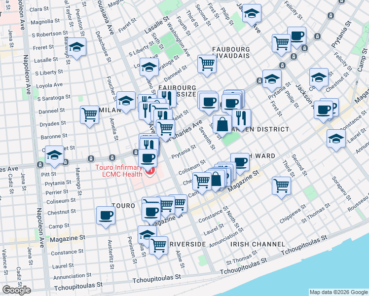 map of restaurants, bars, coffee shops, grocery stores, and more near 3125 Prytania Street in New Orleans
