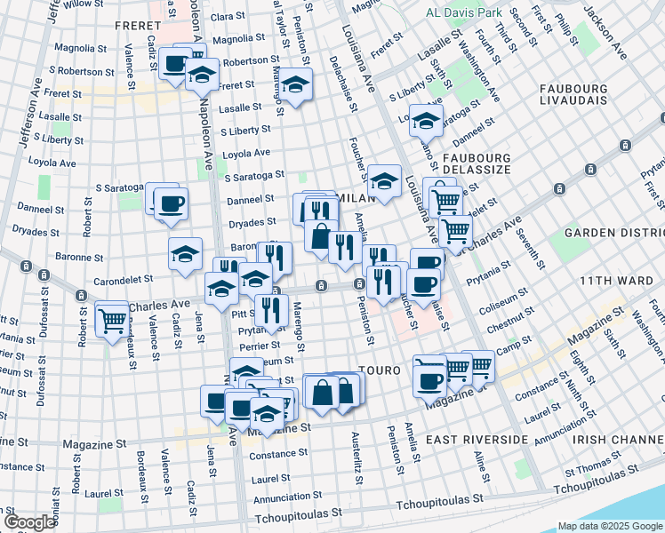 map of restaurants, bars, coffee shops, grocery stores, and more near 3923 Carondelet Street in New Orleans
