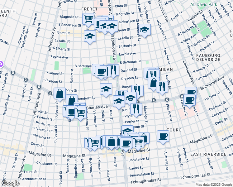 map of restaurants, bars, coffee shops, grocery stores, and more near 1719 Napoleon Avenue in New Orleans