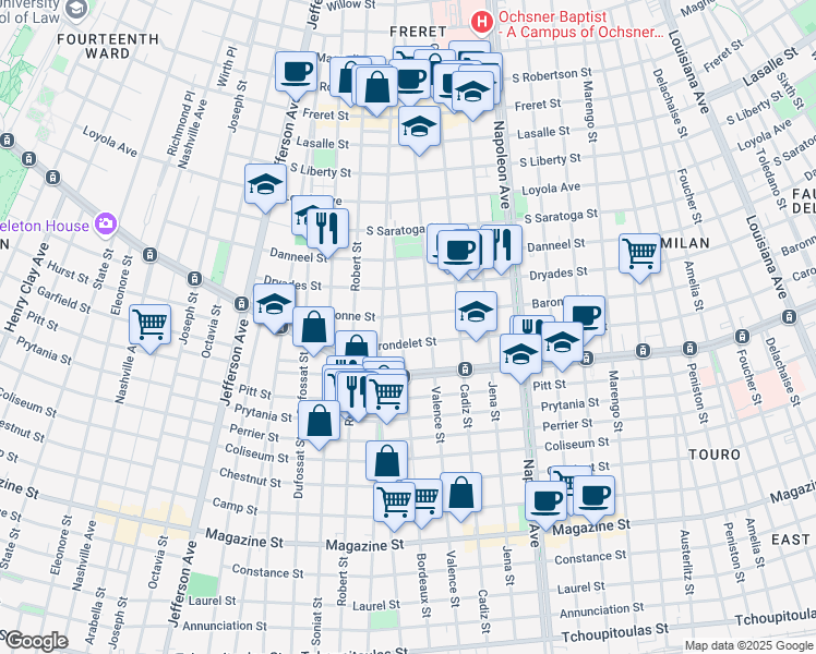 map of restaurants, bars, coffee shops, grocery stores, and more near 1737 Bordeaux Street in New Orleans