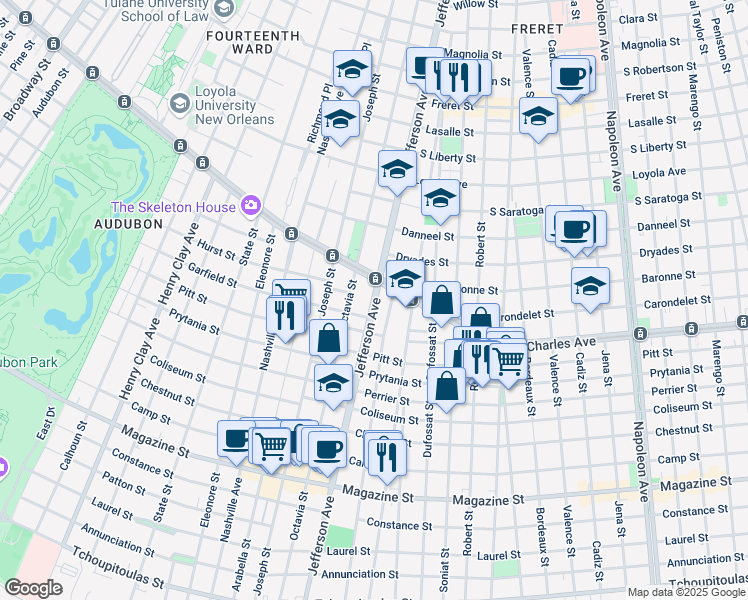 map of restaurants, bars, coffee shops, grocery stores, and more near 5362 Saint Charles Avenue in New Orleans