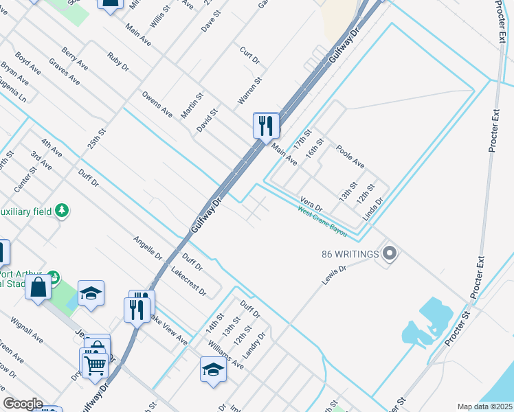 map of restaurants, bars, coffee shops, grocery stores, and more near 1700 Village East Boulevard in Port Arthur