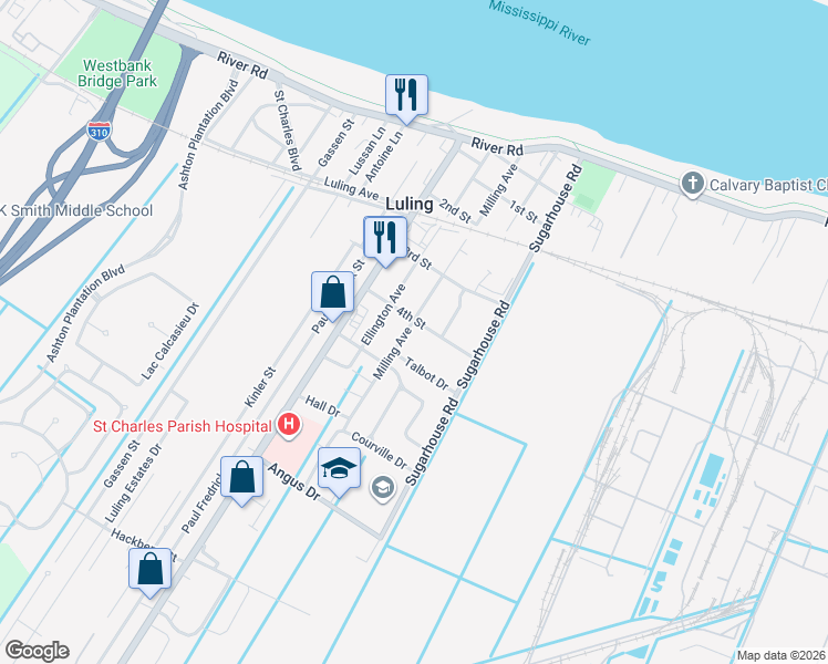 map of restaurants, bars, coffee shops, grocery stores, and more near 605 Milling Avenue in Luling