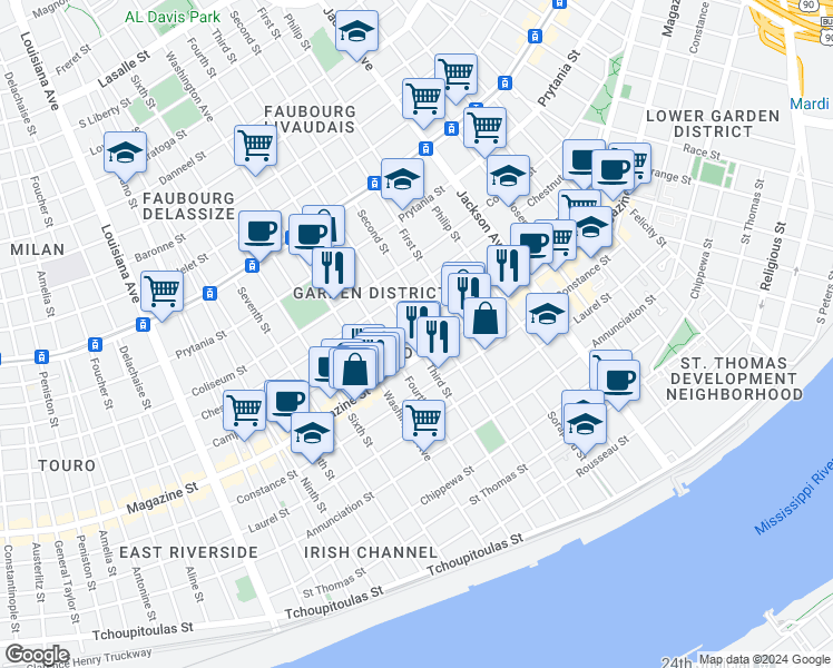 map of restaurants, bars, coffee shops, grocery stores, and more near 1131 Third Street in New Orleans