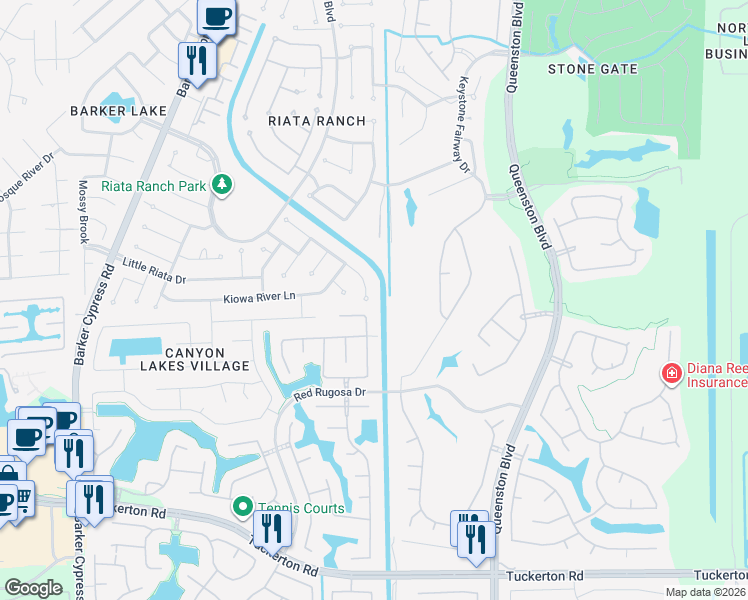 map of restaurants, bars, coffee shops, grocery stores, and more near 10406 Indian Paintbrush Lane in Houston