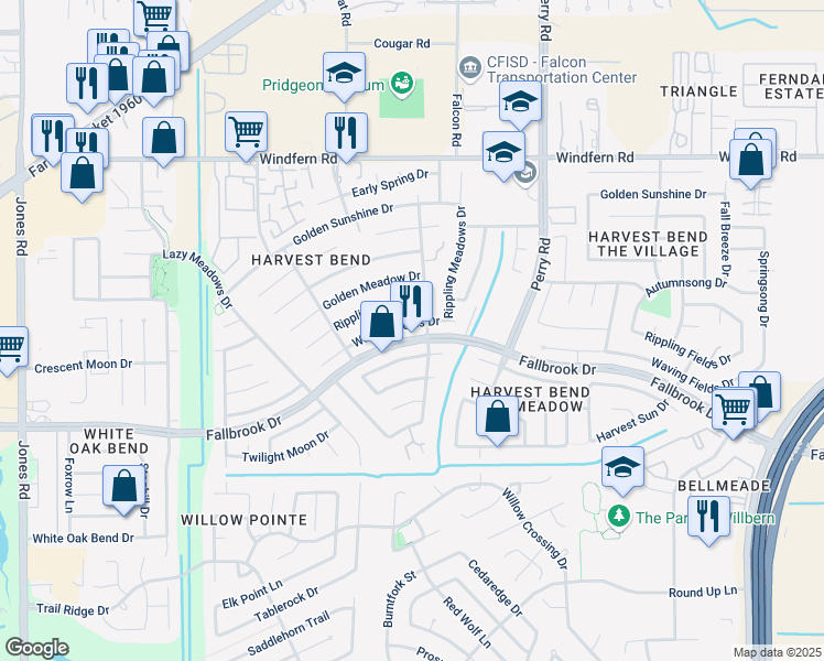 map of restaurants, bars, coffee shops, grocery stores, and more near 9911 Waving Fields Drive in Houston