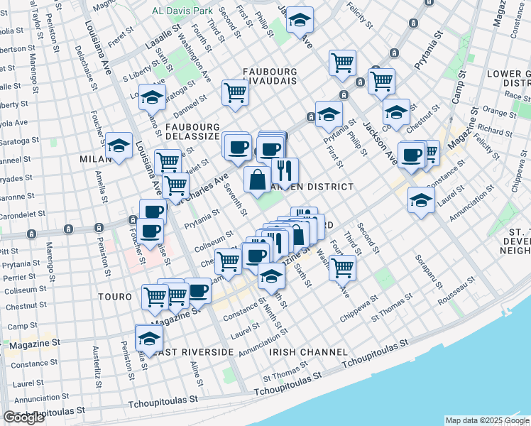 map of restaurants, bars, coffee shops, grocery stores, and more near 1331 Sixth Street in New Orleans