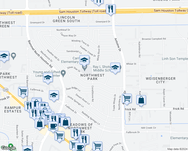 map of restaurants, bars, coffee shops, grocery stores, and more near 10306 CoralStone Road in Houston