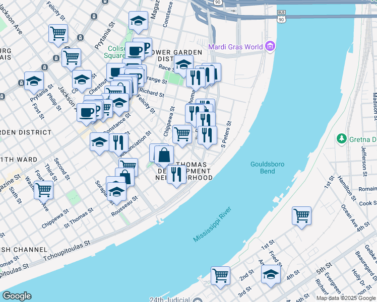 map of restaurants, bars, coffee shops, grocery stores, and more near 1811 Rousseau Street in New Orleans