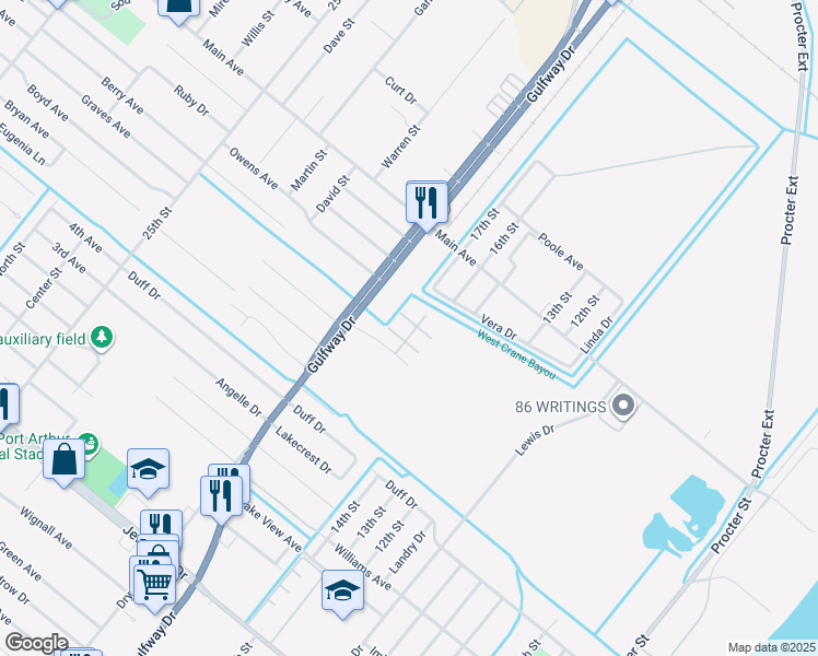 map of restaurants, bars, coffee shops, grocery stores, and more near 1700 Village East Boulevard in Port Arthur