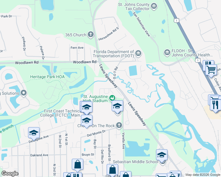 map of restaurants, bars, coffee shops, grocery stores, and more near 2384 D O T Road in St. Augustine