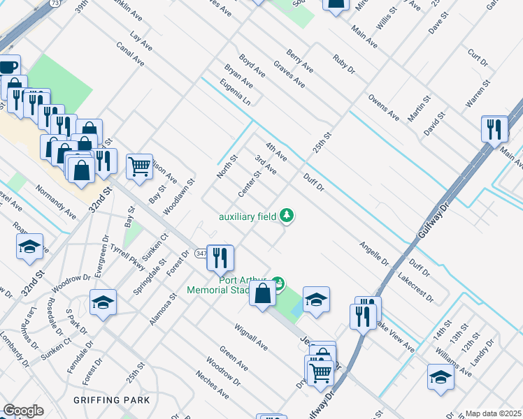 map of restaurants, bars, coffee shops, grocery stores, and more near 5211 25th Street in Groves