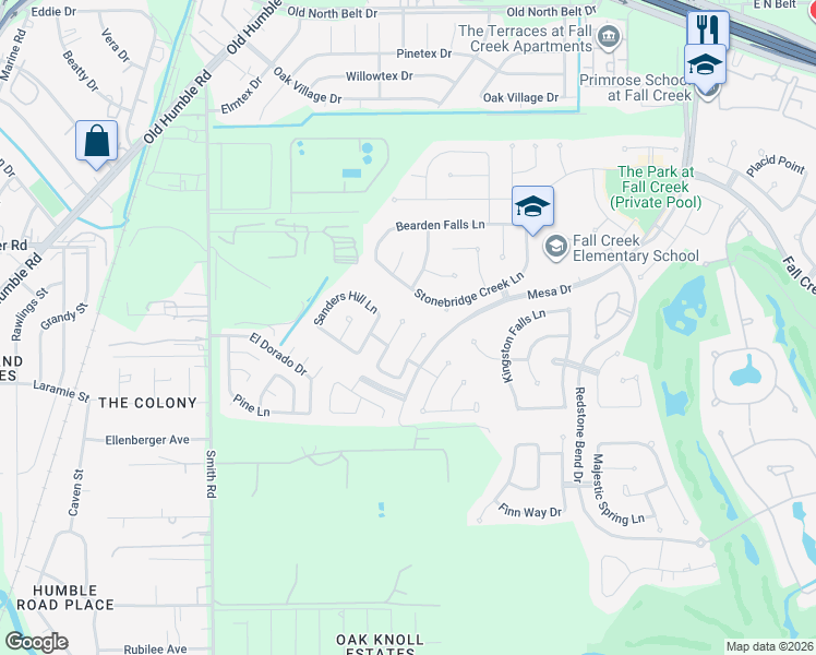 map of restaurants, bars, coffee shops, grocery stores, and more near 14419 Andrews Ridge Lane in Humble