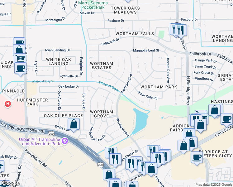 map of restaurants, bars, coffee shops, grocery stores, and more near 13006 Turnbridge Trail in Houston