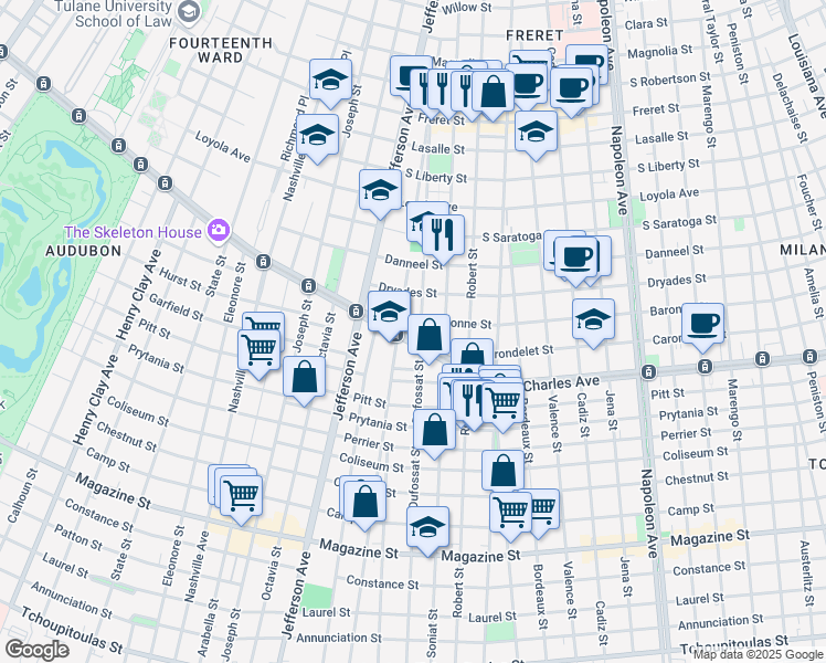 map of restaurants, bars, coffee shops, grocery stores, and more near 5211 Saint Charles Avenue in New Orleans