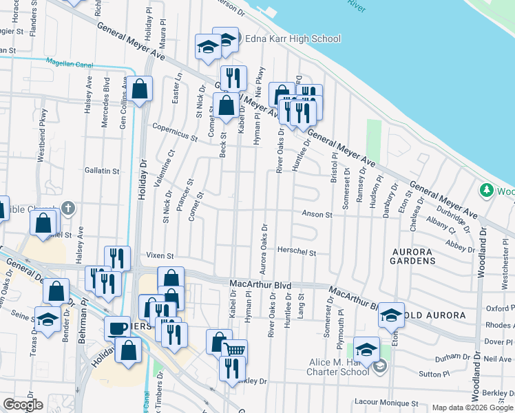 map of restaurants, bars, coffee shops, grocery stores, and more near 461 Aurora Oaks Drive in New Orleans