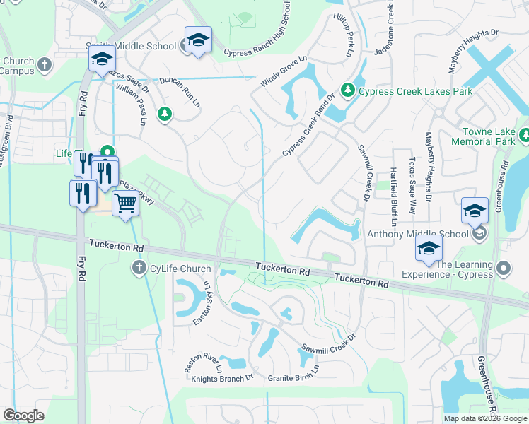 map of restaurants, bars, coffee shops, grocery stores, and more near 10223 Olivia View Lane in Cypress