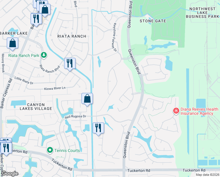 map of restaurants, bars, coffee shops, grocery stores, and more near 10825 Opal Ridge Drive in Houston