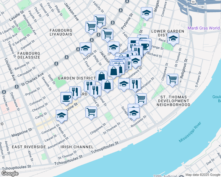 map of restaurants, bars, coffee shops, grocery stores, and more near 2331 Constance Street in New Orleans