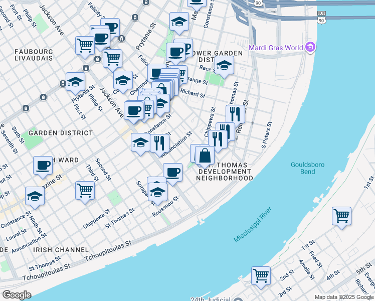 map of restaurants, bars, coffee shops, grocery stores, and more near 2001 Chippewa Street in New Orleans