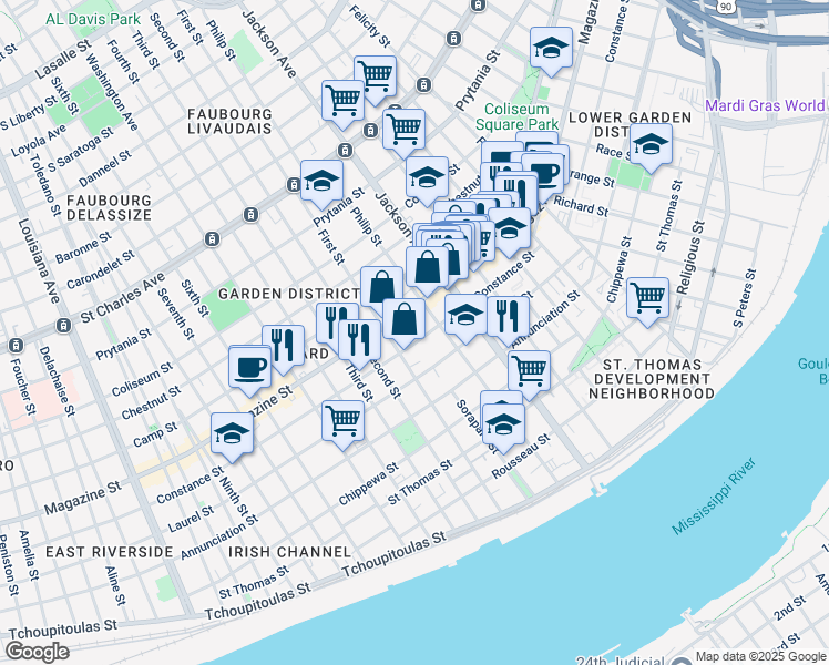 map of restaurants, bars, coffee shops, grocery stores, and more near 2331 Constance Street in New Orleans