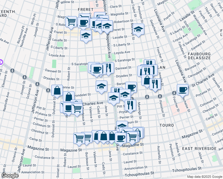 map of restaurants, bars, coffee shops, grocery stores, and more near 1719 Napoleon Avenue in New Orleans