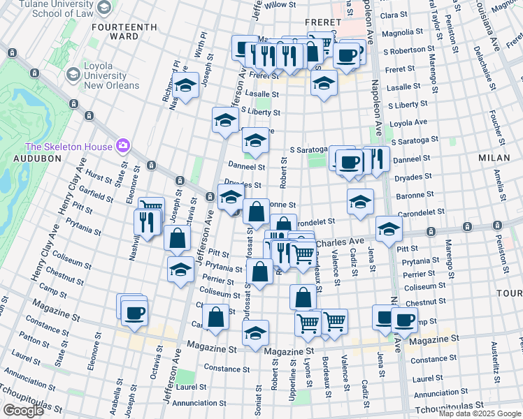 map of restaurants, bars, coffee shops, grocery stores, and more near 5032 Baronne Street in New Orleans