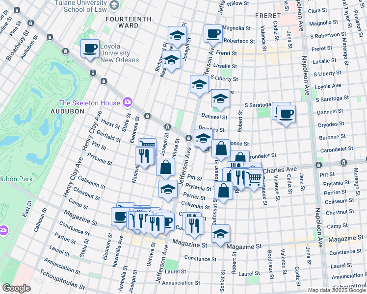 map of restaurants, bars, coffee shops, grocery stores, and more near 1535 Octavia Street in New Orleans