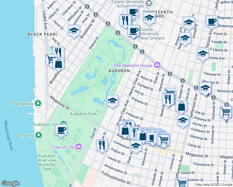 map of restaurants, bars, coffee shops, grocery stores, and more near 1227 Exposition Boulevard in New Orleans