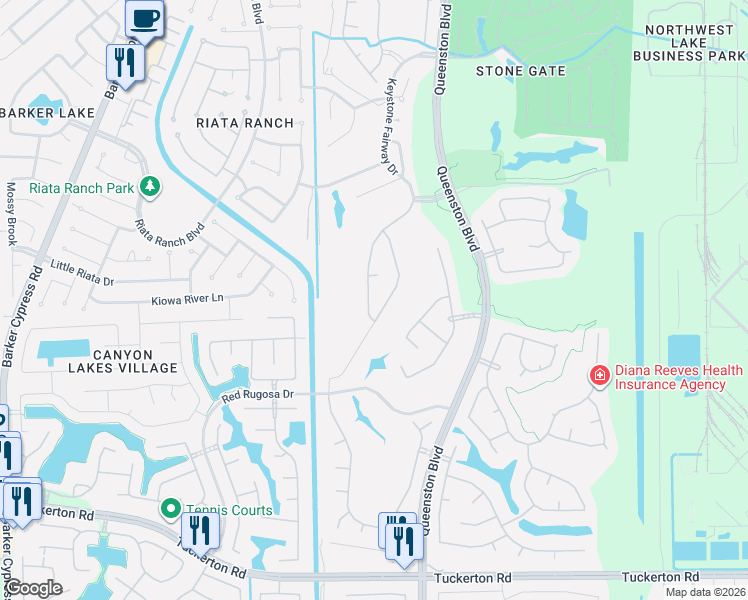 map of restaurants, bars, coffee shops, grocery stores, and more near 10825 Opal Ridge Drive in Houston