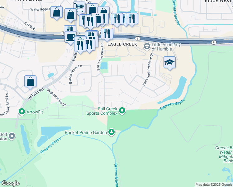 map of restaurants, bars, coffee shops, grocery stores, and more near 9739 Justin Ridge Lane in Humble