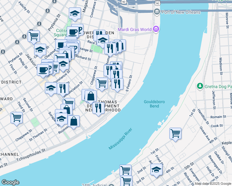map of restaurants, bars, coffee shops, grocery stores, and more near 1746 Tchoupitoulas Street in New Orleans