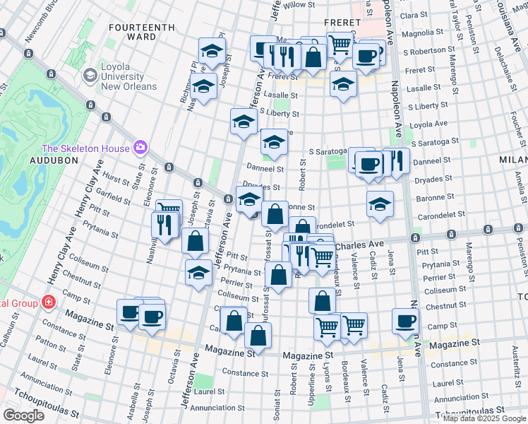 map of restaurants, bars, coffee shops, grocery stores, and more near 5211 Saint Charles Avenue in New Orleans