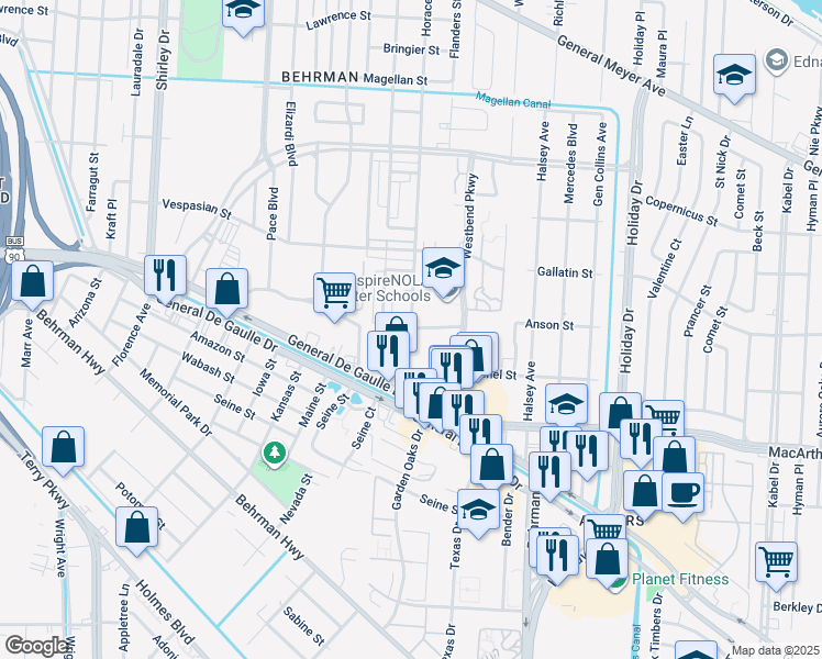 map of restaurants, bars, coffee shops, grocery stores, and more near 2305 Cypress Acres Drive in New Orleans