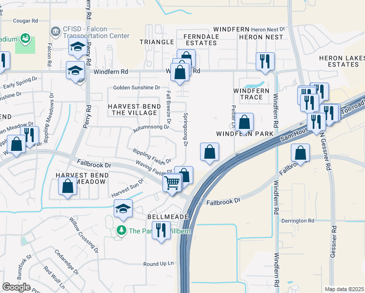 map of restaurants, bars, coffee shops, grocery stores, and more near 11027 Springsong Drive in Houston