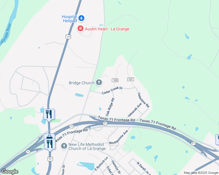 map of restaurants, bars, coffee shops, grocery stores, and more near 3009 Cedar Creek Drive in La Grange