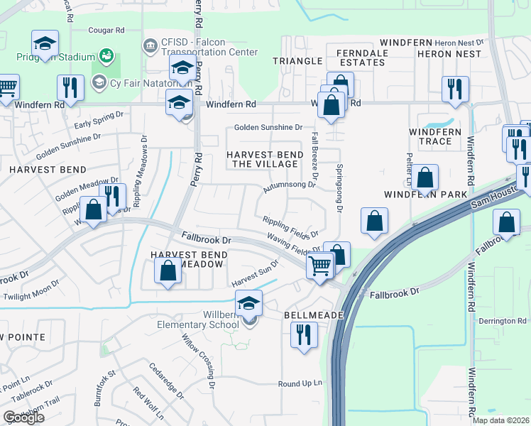 map of restaurants, bars, coffee shops, grocery stores, and more near 11007 Early Harvest Circle in Houston