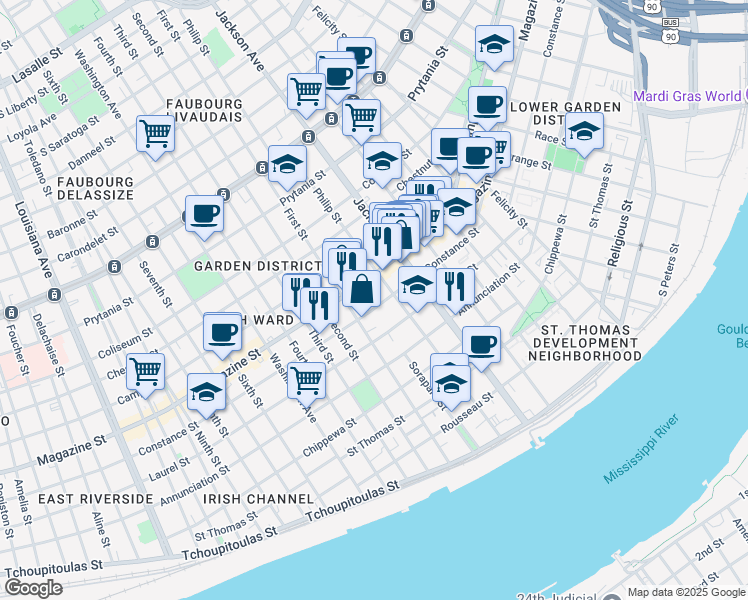 map of restaurants, bars, coffee shops, grocery stores, and more near 2331 Constance Street in New Orleans