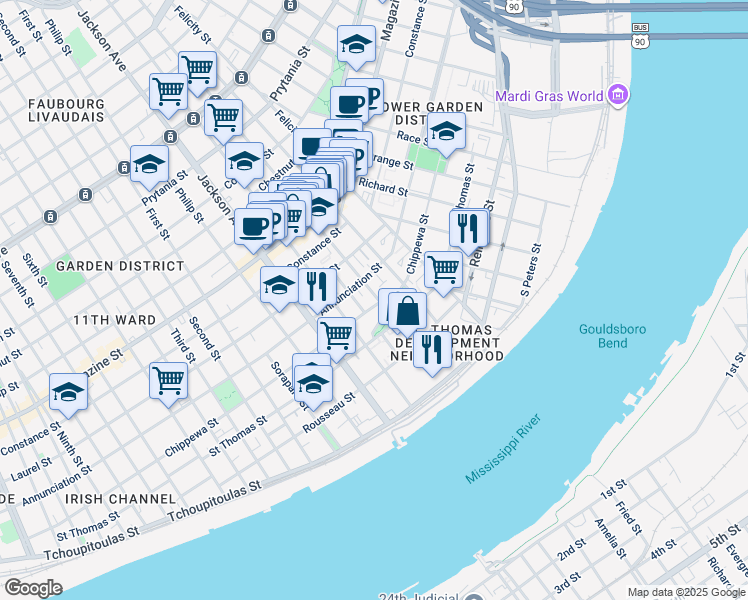 map of restaurants, bars, coffee shops, grocery stores, and more near 2001 Chippewa Street in New Orleans