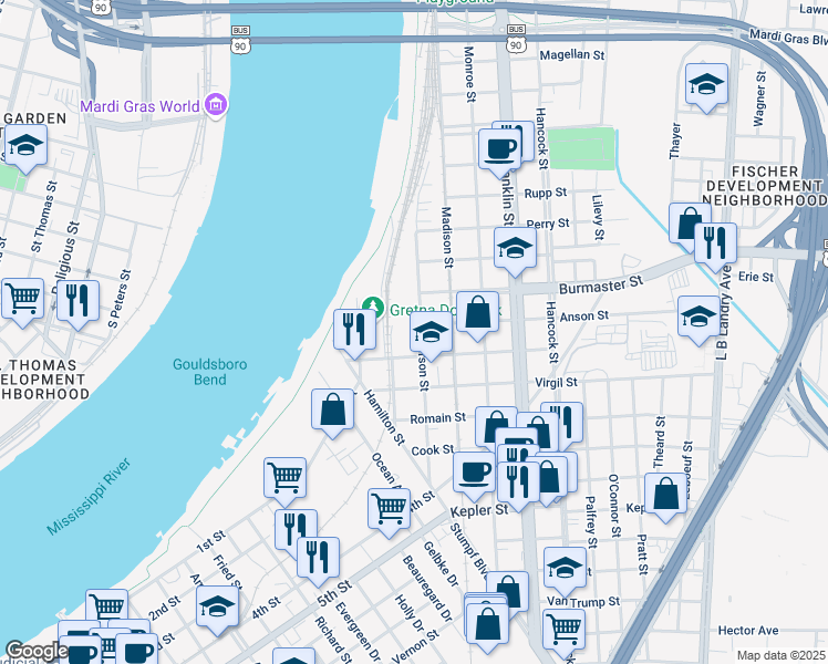 map of restaurants, bars, coffee shops, grocery stores, and more near 1107 Jefferson Street in Gretna