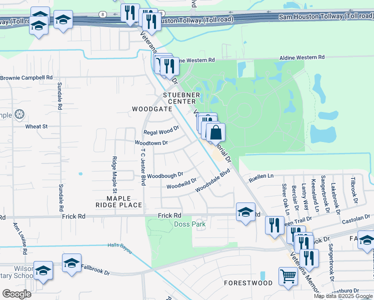 map of restaurants, bars, coffee shops, grocery stores, and more near 2323 Morewood Drive in Houston