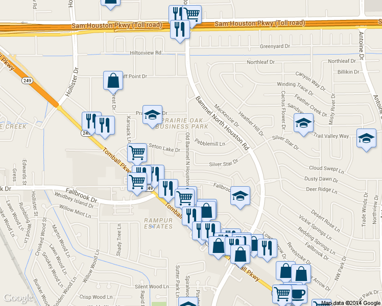map of restaurants, bars, coffee shops, grocery stores, and more near 10423 Cedar Park Lane in Houston